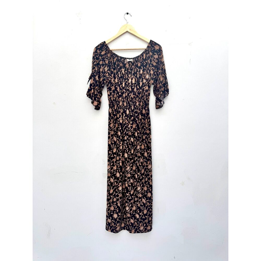 Seven Islands Black Tan Metallic Floral Maxi Dress Size XL Smocked Waist